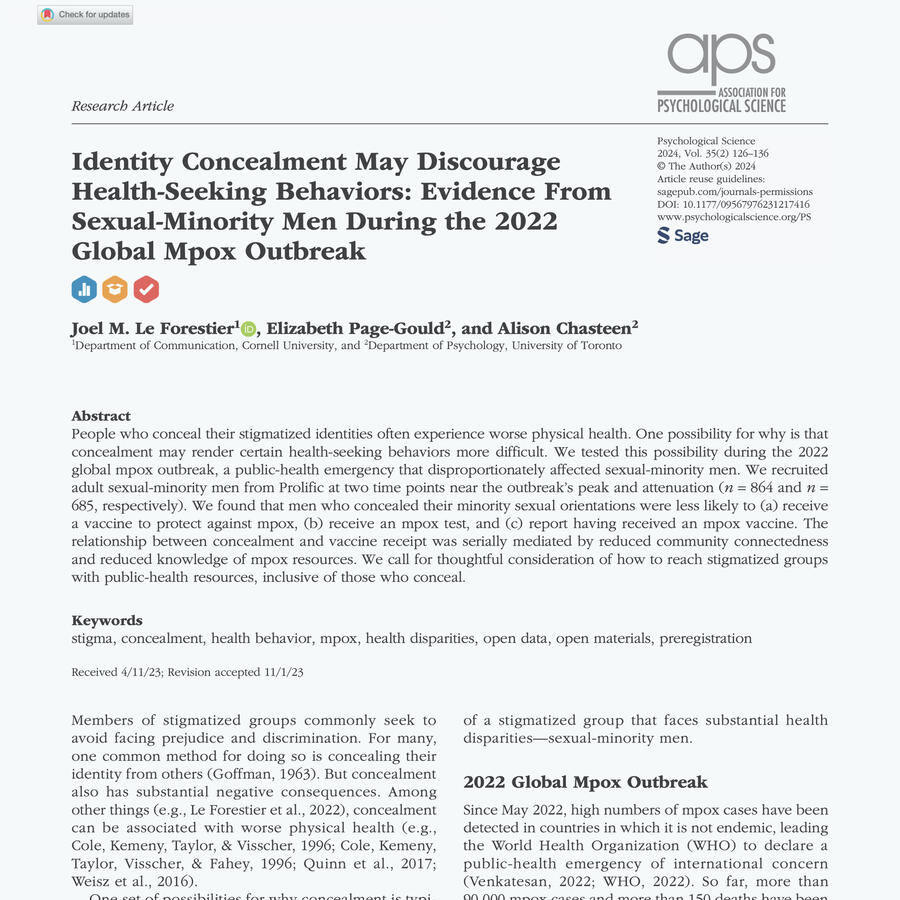 Identity Concealment May Discourage Health-Seeking Behaviors: Evidence from Sexual-Minority Men During the 2022 Global Mpox Outbreak Psychological Science