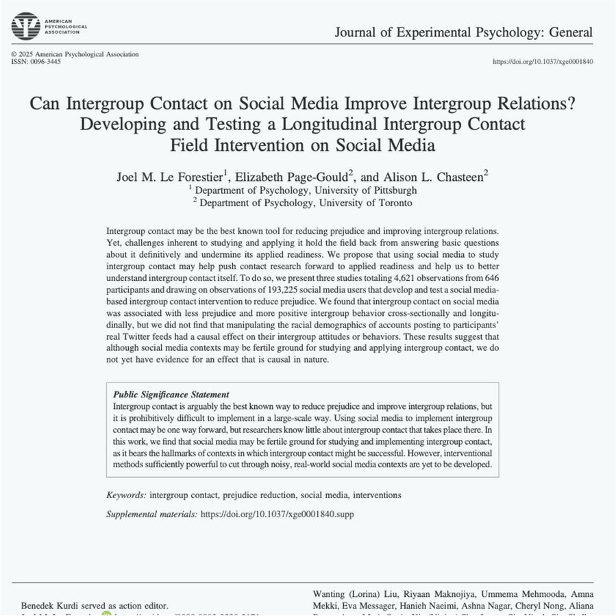 Can Intergroup Contact on Social Media Improve Intergroup Relations? Developing and Testing a Longitudinal Intergroup Contact Field Intervention on Social Media Journal of Experimental Psychology: General